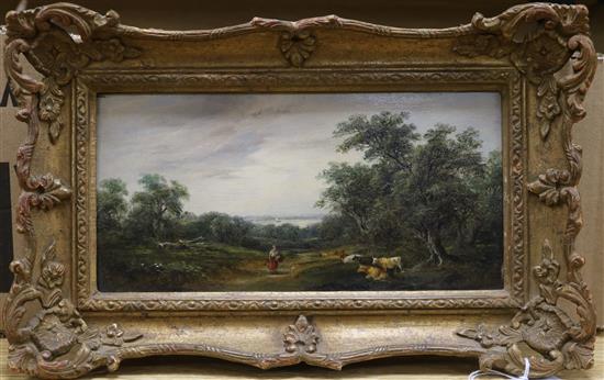 English School, oil on mahogany panel, Milkmaid on a path with recumbent cows, 12.5 x 25cm